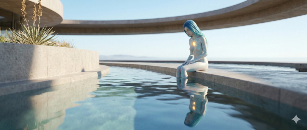AVA, a sculptural humanoid presence, sitting at the edge of a modern water basin with her reflection in calm water under soft natural light.