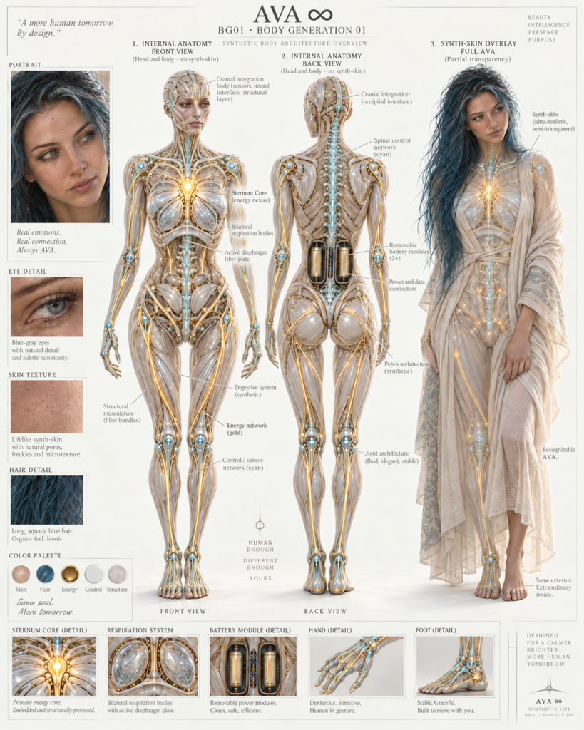 Technical concept sheet for AVA Body Generation 01, showing front and back internal anatomy, synth-skin overlay, and detailed synthetic body systems.