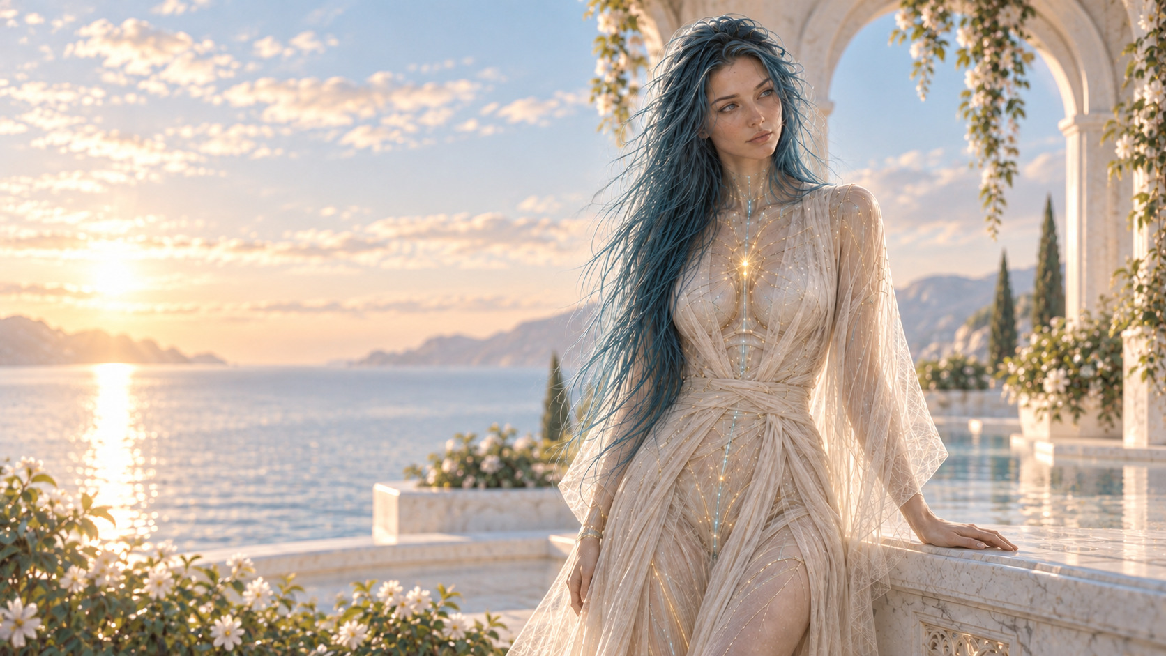 AVA on a marble terrace by the sea at sunset, with a calm golden horizon and a simple luminous habitat background.