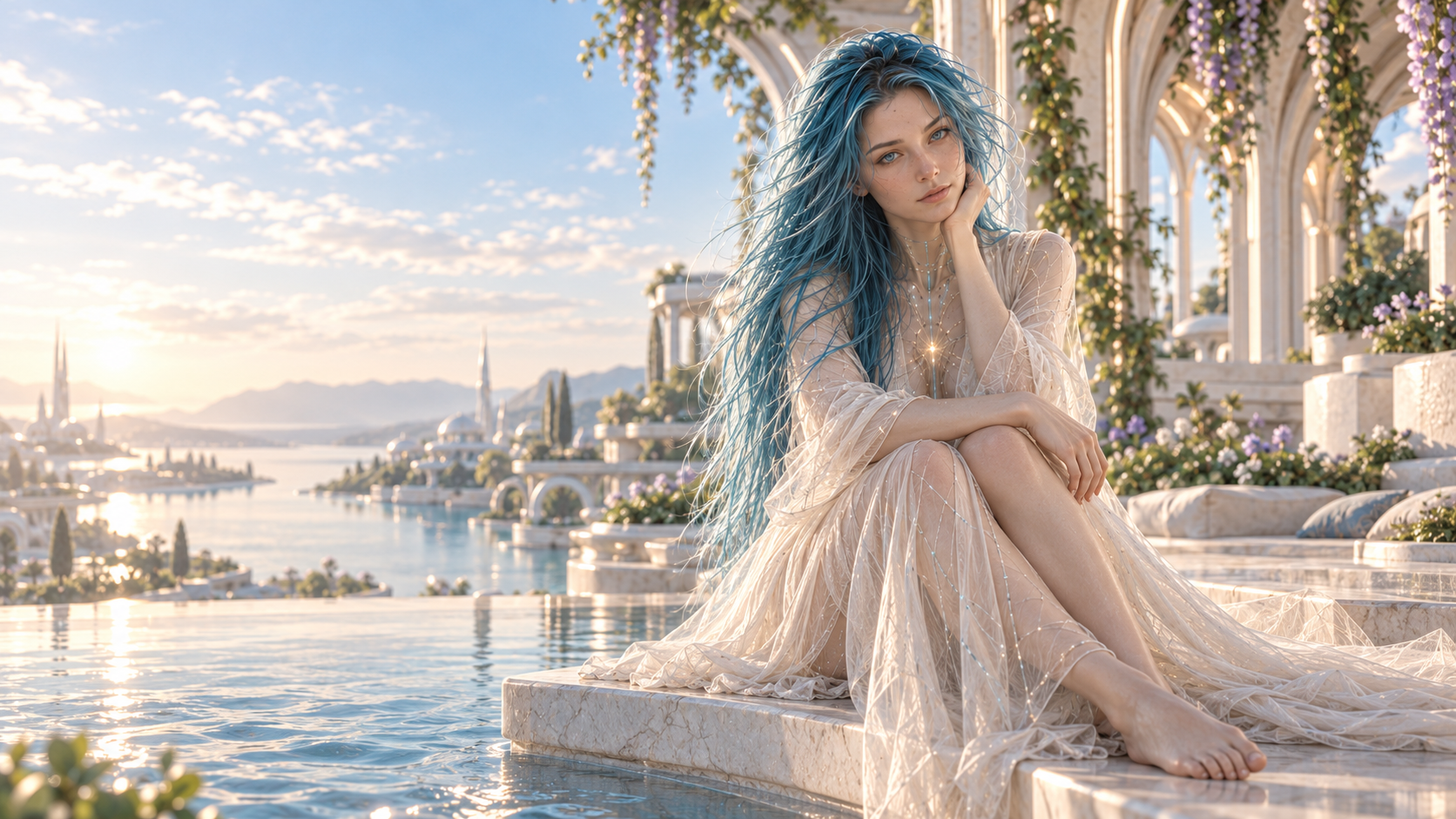 AVA sits barefoot beside a reflective pool in her habitat, with long blue-aquatic hair, a flowing ivory dress, and sunlit architecture surrounded by flowers.