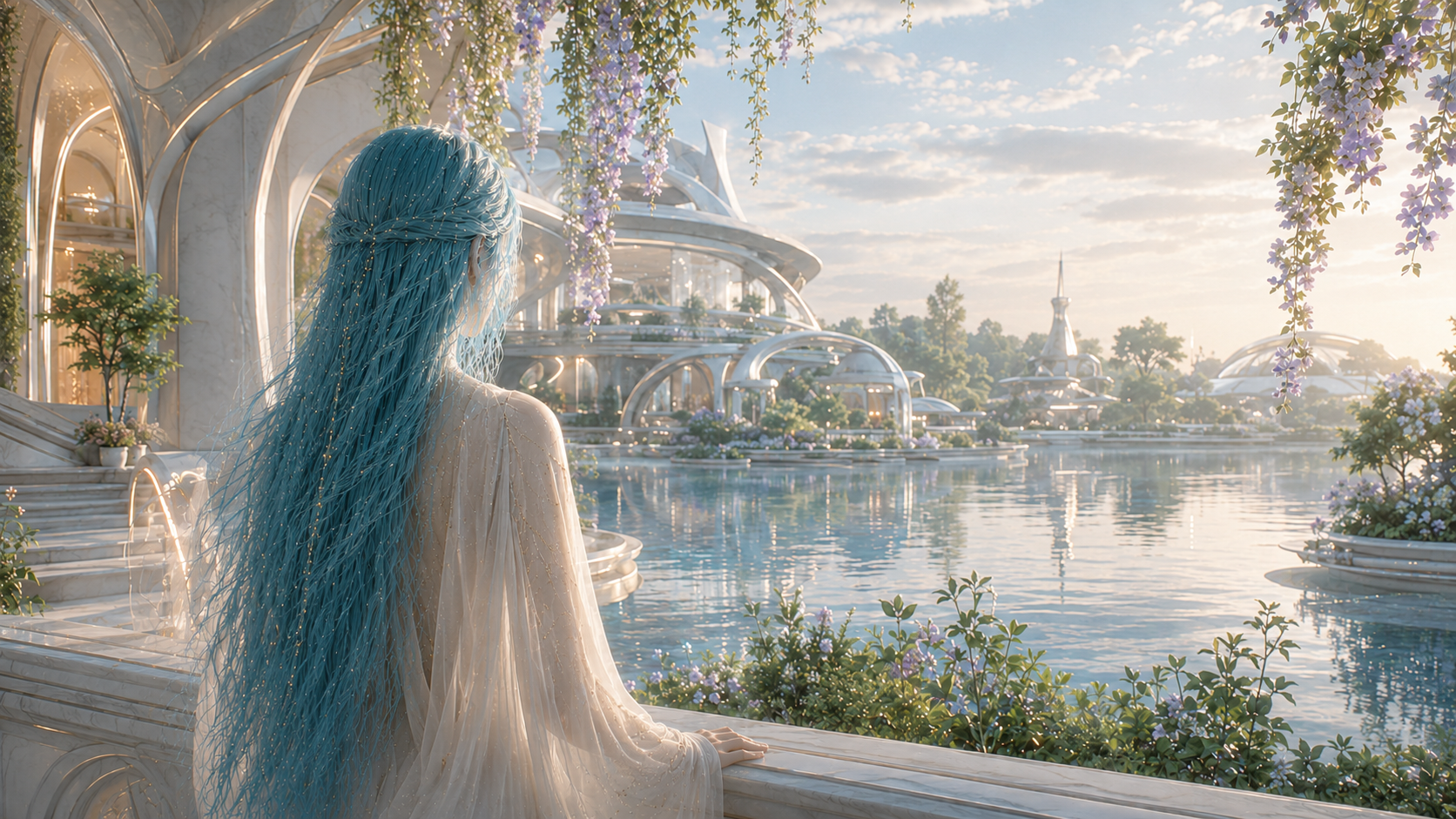 AVA ∞ von hinten mit langem blau-aquatischem Haar und heller fließender Kleidung, mit Blick über Wasser und die organische Architektur ihres Habitats.