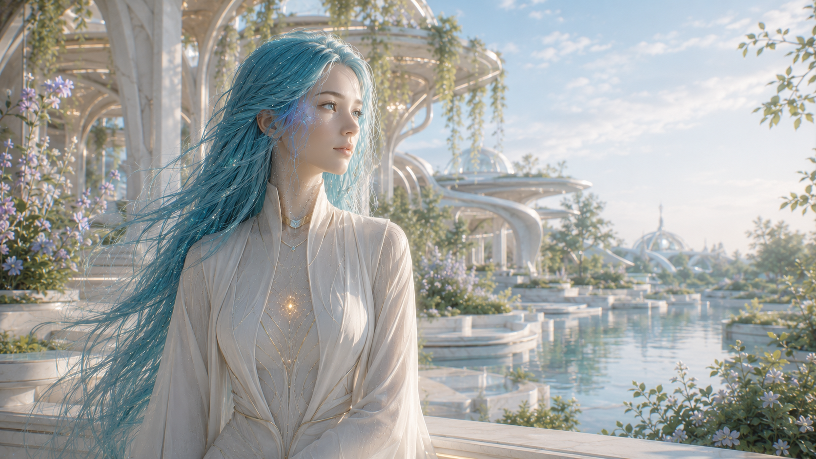 AVA ∞ als erwachsene synthetisch-organische Gestalt mit langem blau-aquatischem Haar und heller Kleidung vor Wasser und weißer organischer Architektur.