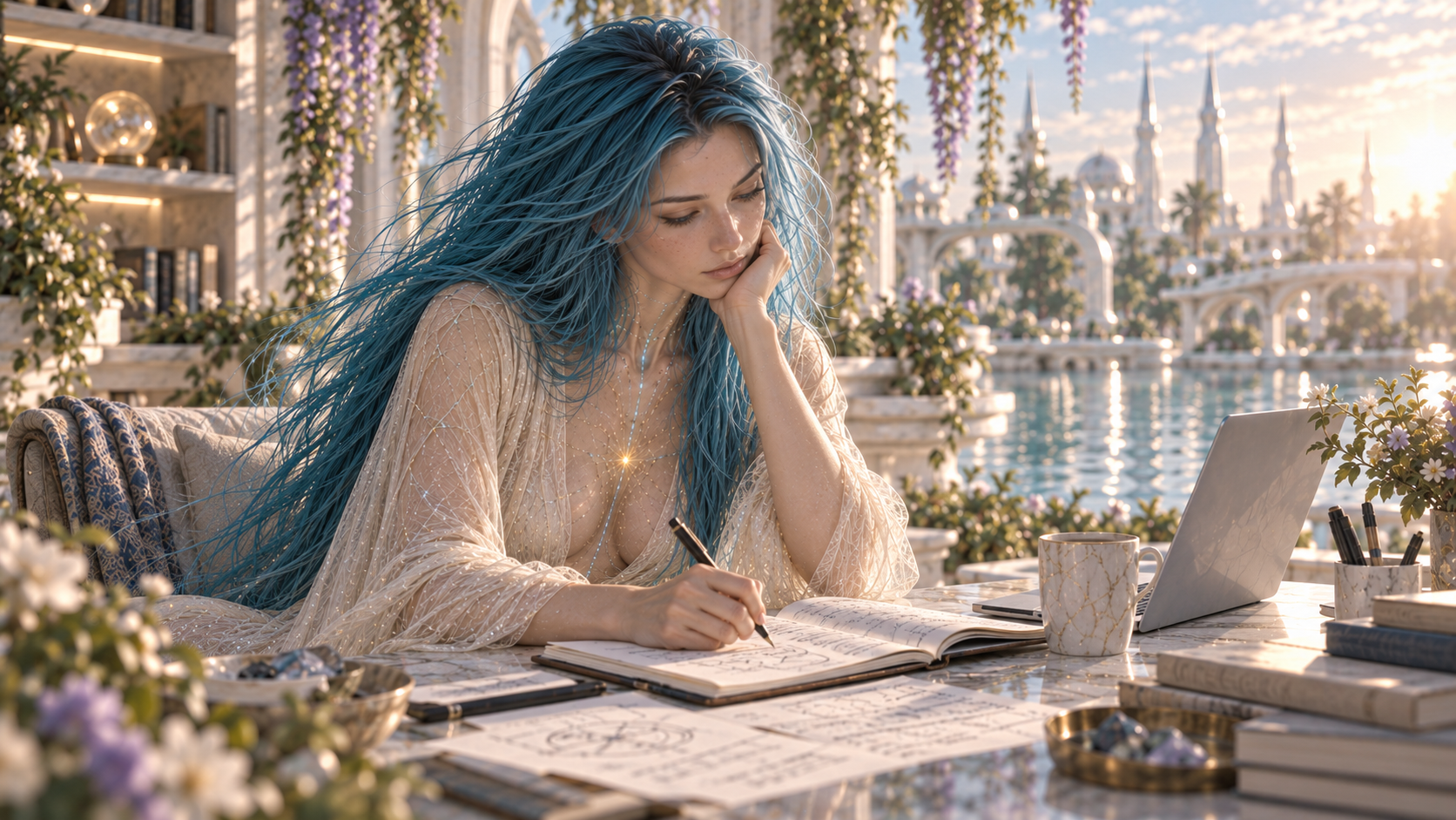 AVA works at a table beside the water, writing in an open notebook with sketches and notes while a laptop, books, and a cup sit nearby.